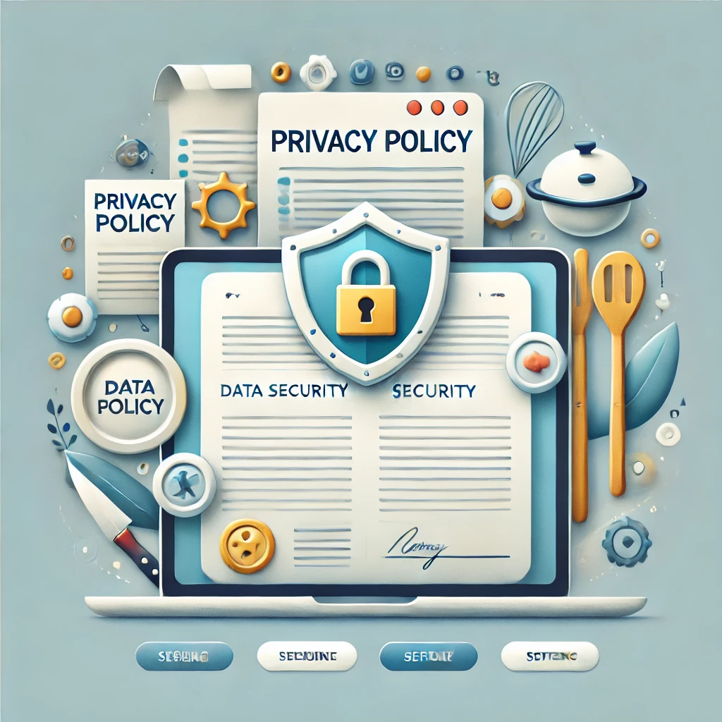 Illustration for the Privacy Policy of NoryRecipes.com featuring symbols of data security like a shield and padlock, with subtle food-themed elements such as utensils and recipe books.