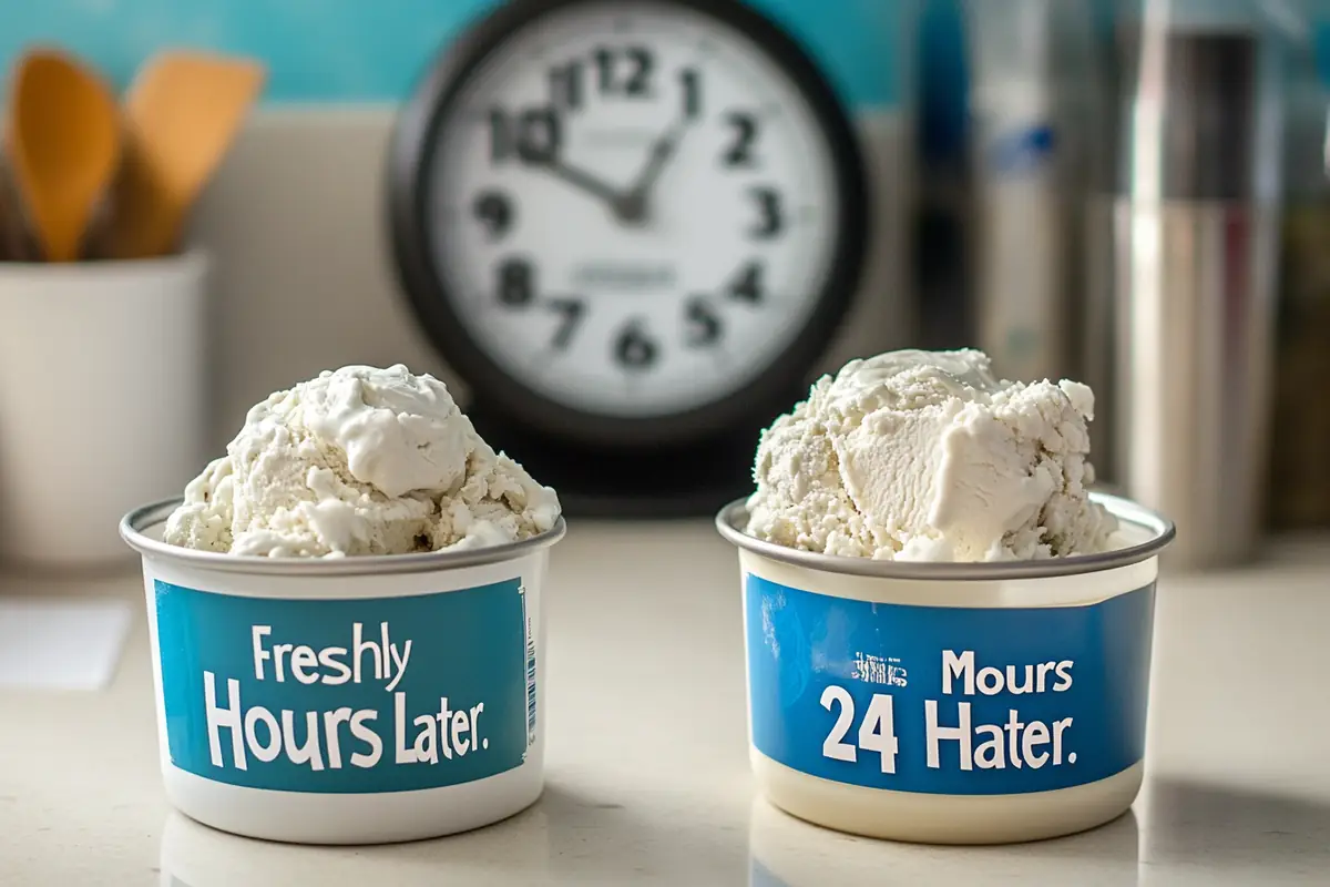 Side-by-side comparison of ice cream made with the Ninja Creami, showing a freshly made container labeled "Freshly Hours Later" and another labeled "24 Mours Hater" after 24-hour freezing, with a clock in the background emphasizing the time.