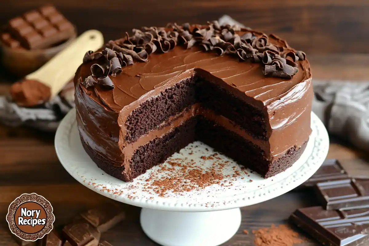 A decadent chocolate cake with smooth ganache frosting, topped with chocolate curls, served on a white ceramic cake stand with cocoa powder and chocolate bars in the background.
