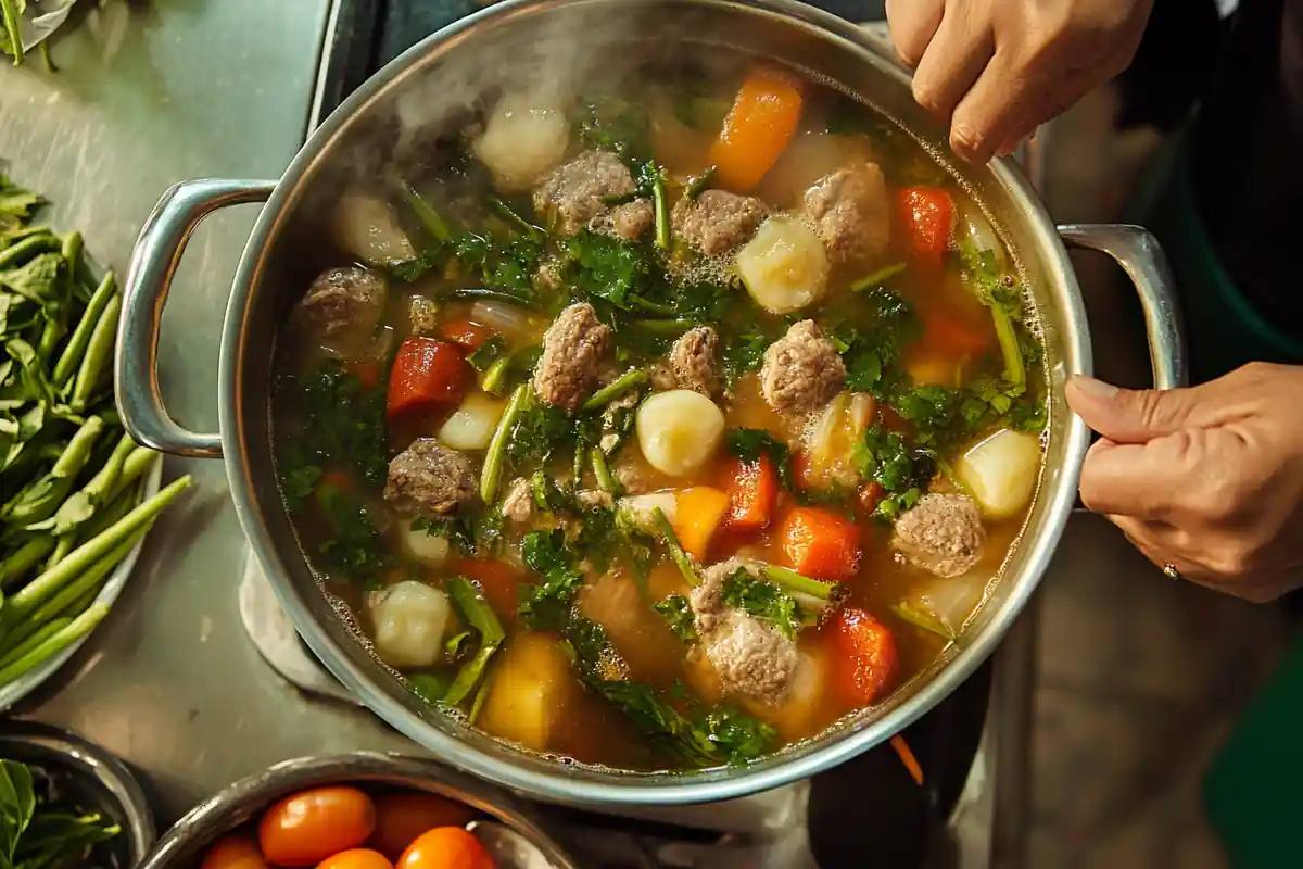 A pot of traditional Filipino sinigang soup simmering on the stovetop, featuring tender pork, potatoes, carrots, leafy greens, and green beans in a rich, tangy broth