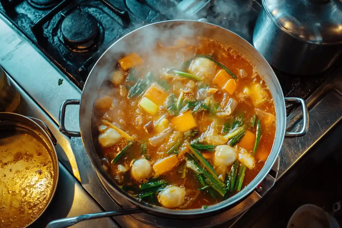 A pot of traditional Filipino sinigang soup simmering on the stovetop, featuring tender pork, potatoes, carrots, leafy greens, and green beans in a rich, tangy broth.