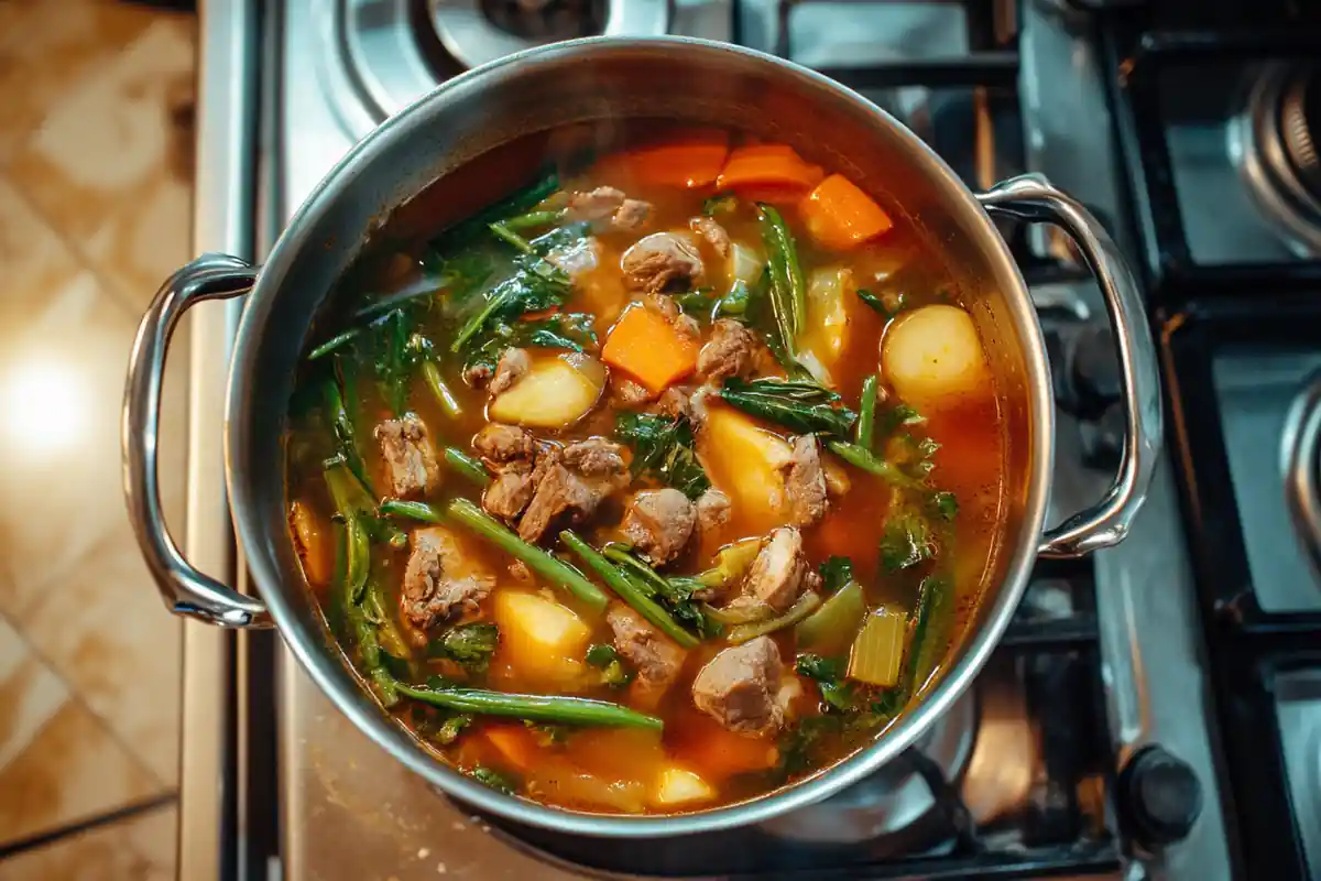 A pot of traditional Filipino sinigang soup simmering on the stovetop, featuring tender pork, potatoes, carrots, leafy greens, and green beans in a rich, tangy broth