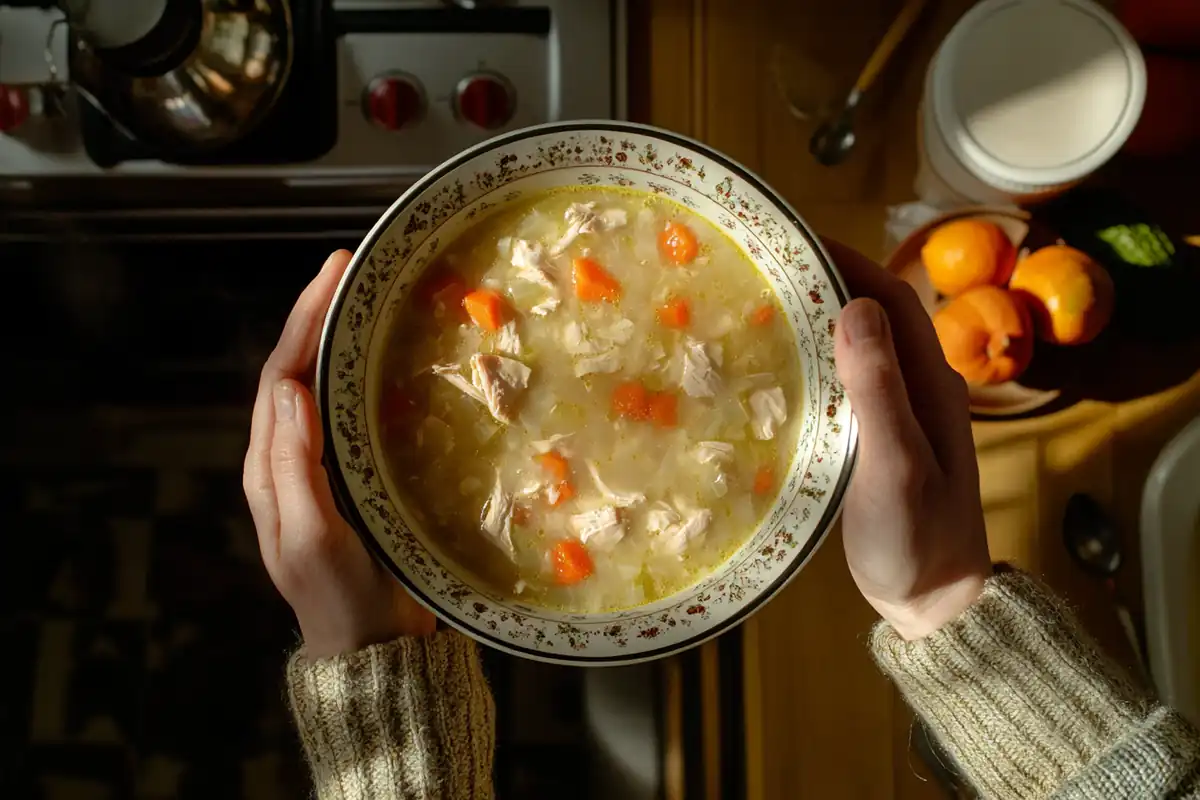 A bowl of homemade turkey soup with carrots, celery, and turkey chunks held in hands over a cozy kitchen setting