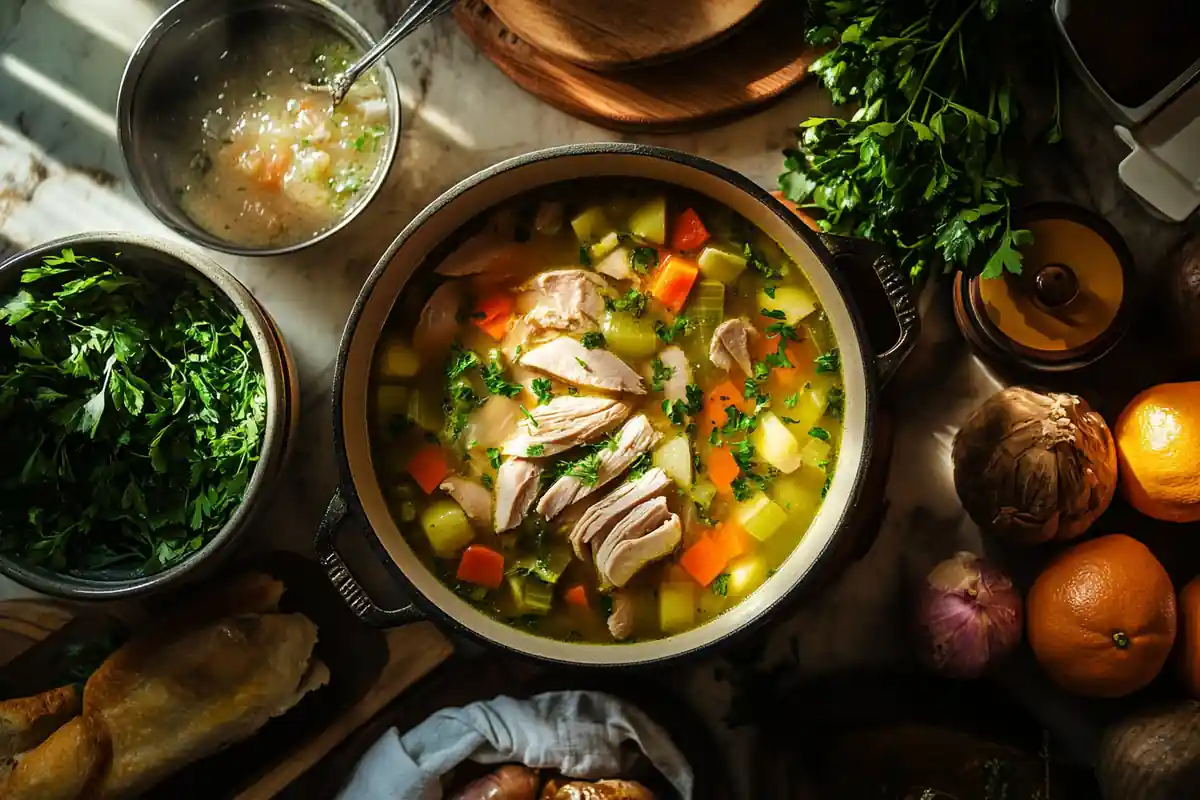 A bowl of homemade turkey soup with carrots, celery, and turkey chunks held in hands over a cozy kitchen setting