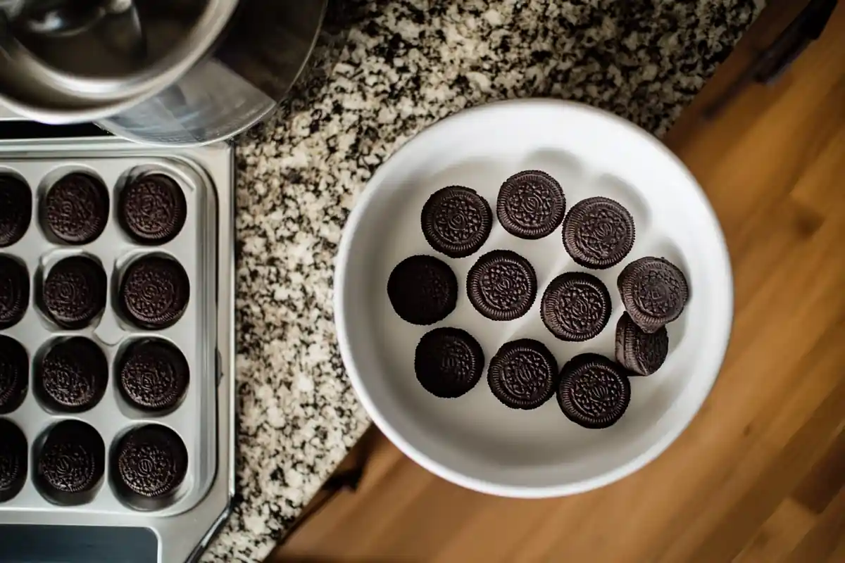Chocolate sandwich cookies in a white bowl next to a muffin tray on a granite countertop.