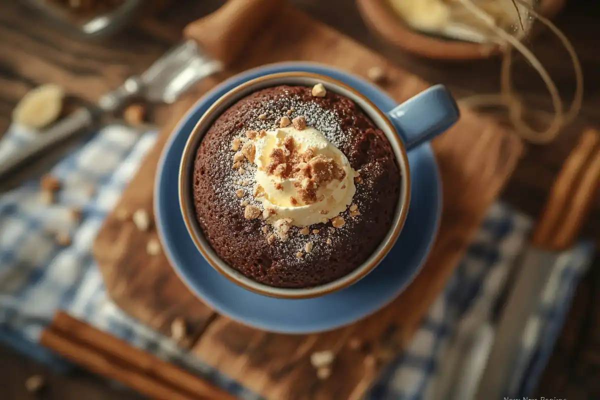  A freshly baked chocolate mug cake topped with sliced strawberries, served in a white mug, with scattered chocolate chips and whole strawberries on a marble surface.