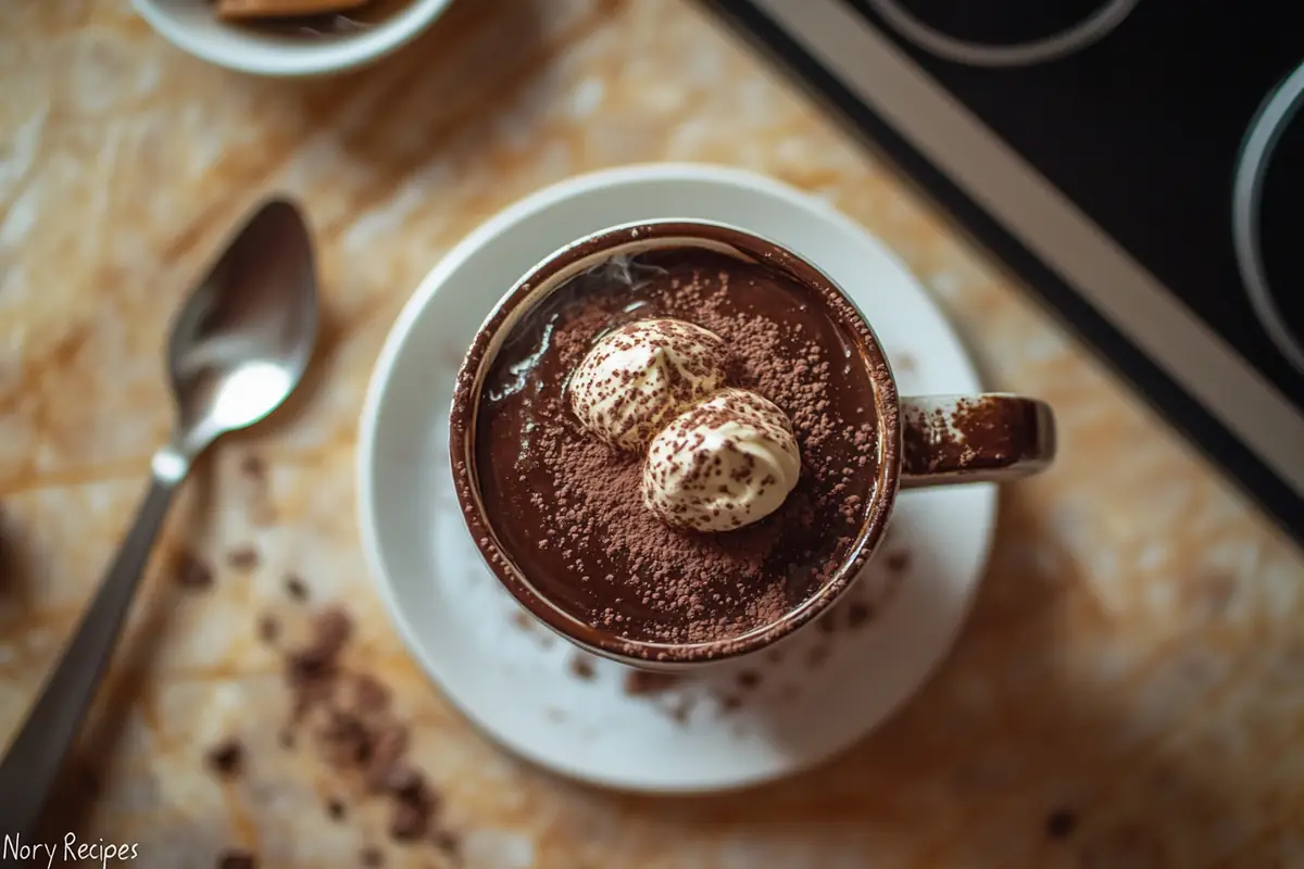  A freshly baked chocolate mug cake topped with sliced strawberries, served in a white mug, with scattered chocolate chips and whole strawberries on a marble surface.