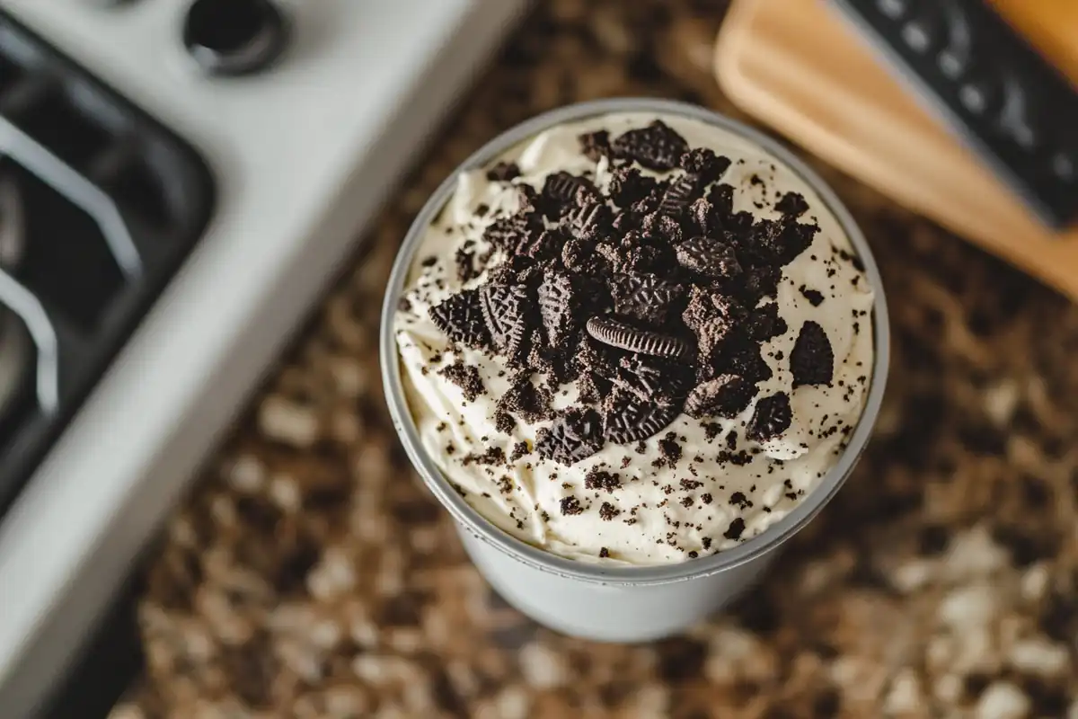 A chocolate cupcake topped with whipped cream, crushed Oreo cookies, and mini Oreo halves in a kitchen setting.