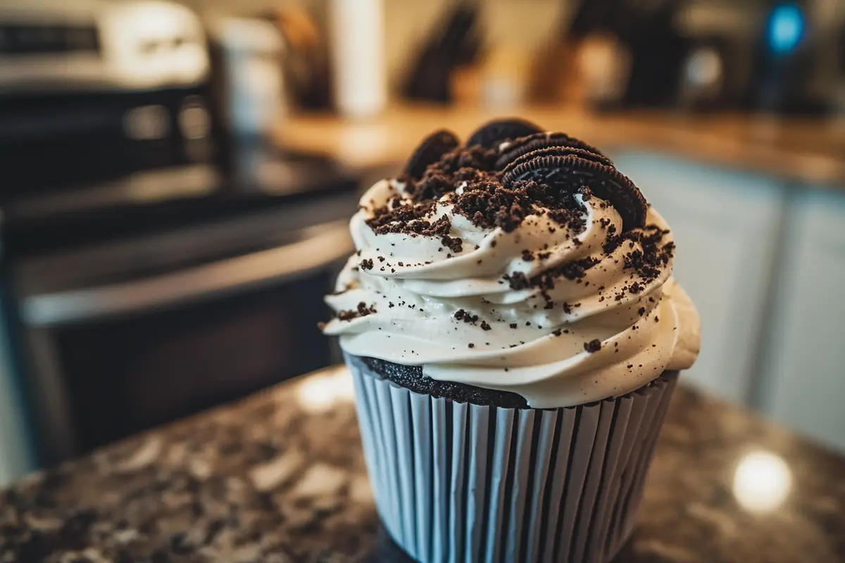 A chocolate cupcake topped with whipped cream, crushed Oreo cookies, and mini Oreo halves in a kitchen setting.