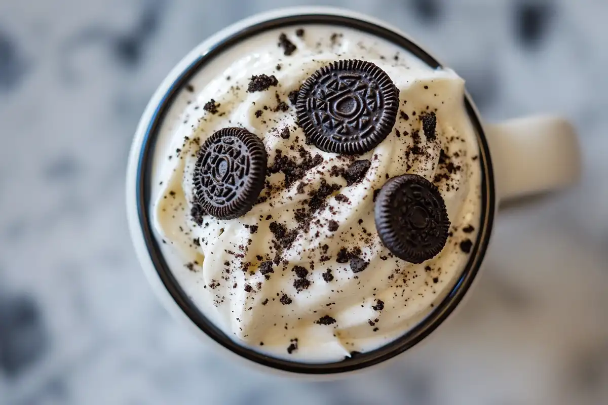 A chocolate cupcake topped with whipped cream, crushed Oreo cookies, and mini Oreo halves in a kitchen setting.