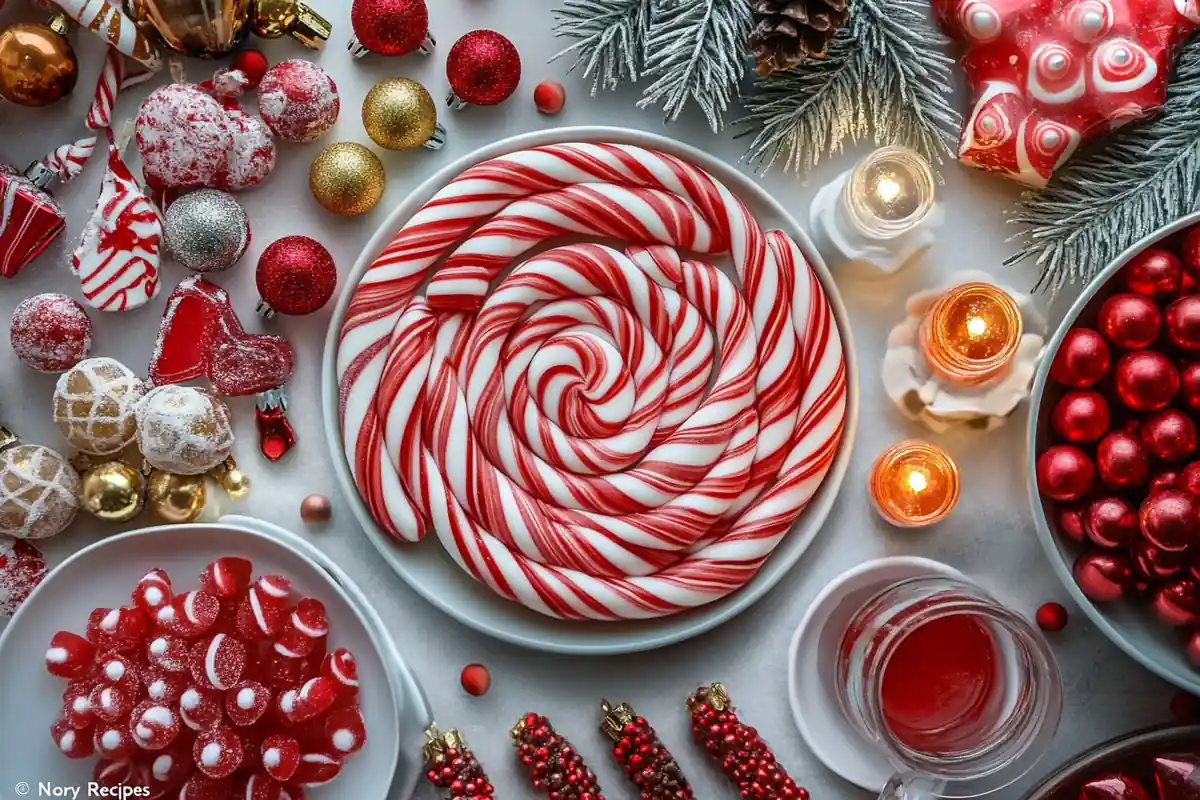 A decorative white bowl with gold trim filled with festive red, white, and yellow striped peppermint candies, surrounded by Christmas ornaments and warm holiday lights.