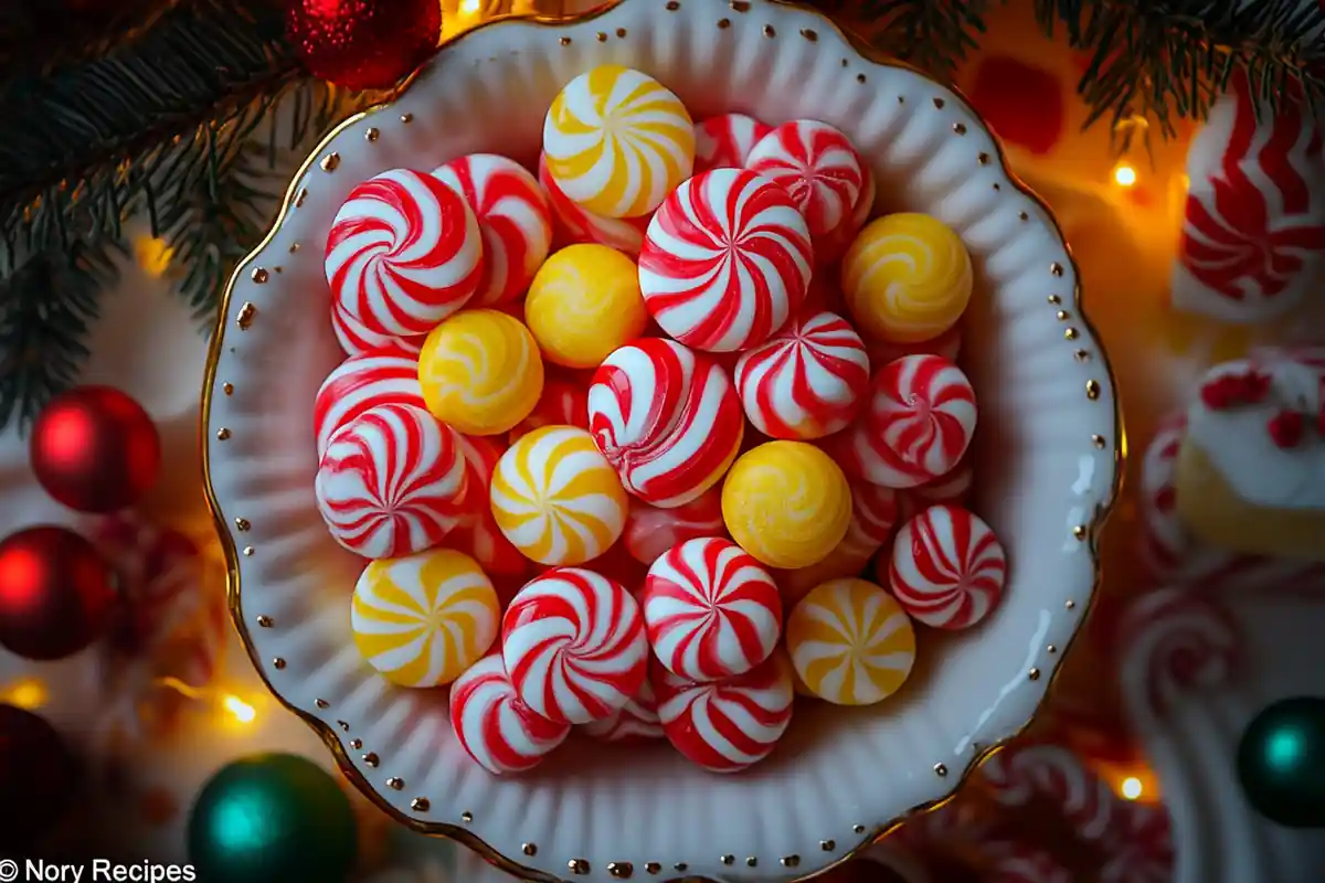 A decorative white bowl with gold trim filled with festive red, white, and yellow striped peppermint candies, surrounded by Christmas ornaments and warm holiday lights.