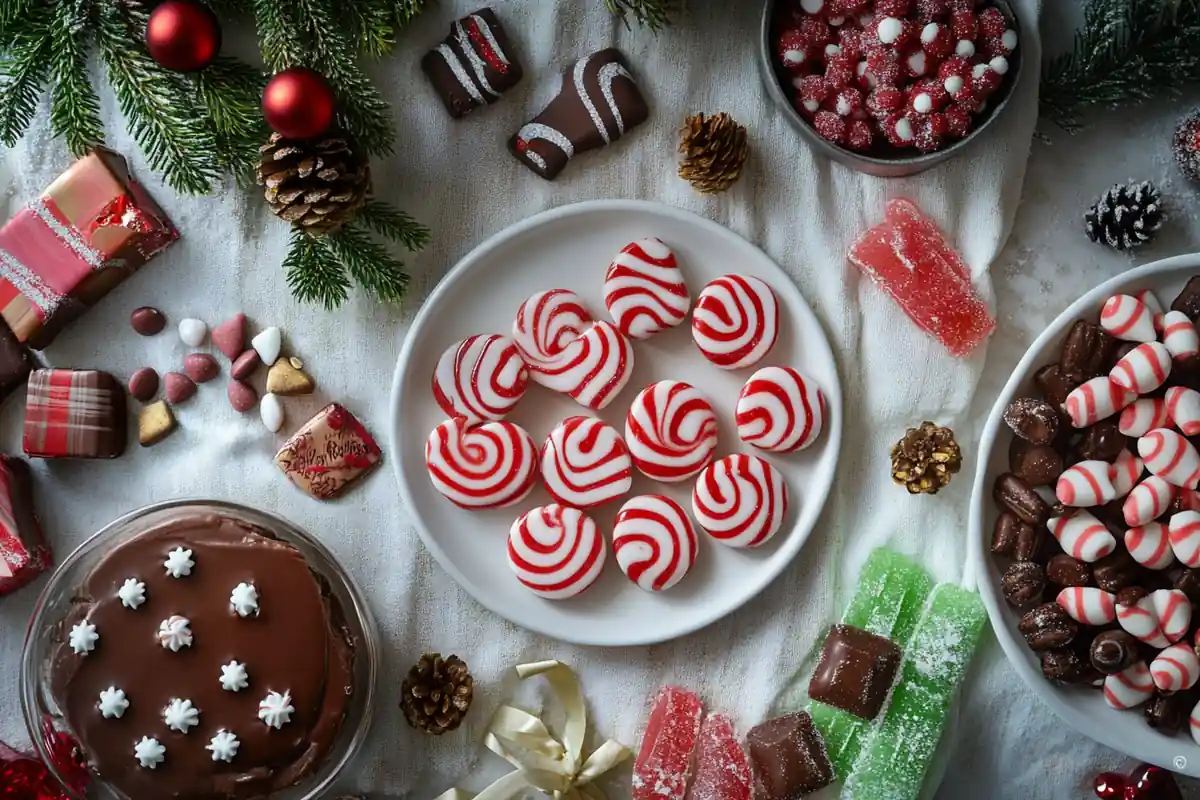 A decorative white bowl with gold trim filled with festive red, white, and yellow striped peppermint candies, surrounded by Christmas ornaments and warm holiday lights.