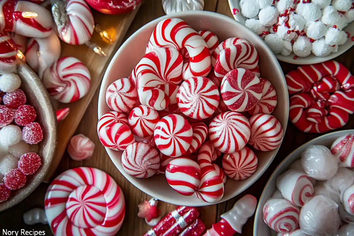 A decorative white bowl with gold trim filled with festive red, white, and yellow striped peppermint candies, surrounded by Christmas ornaments and warm holiday lights.