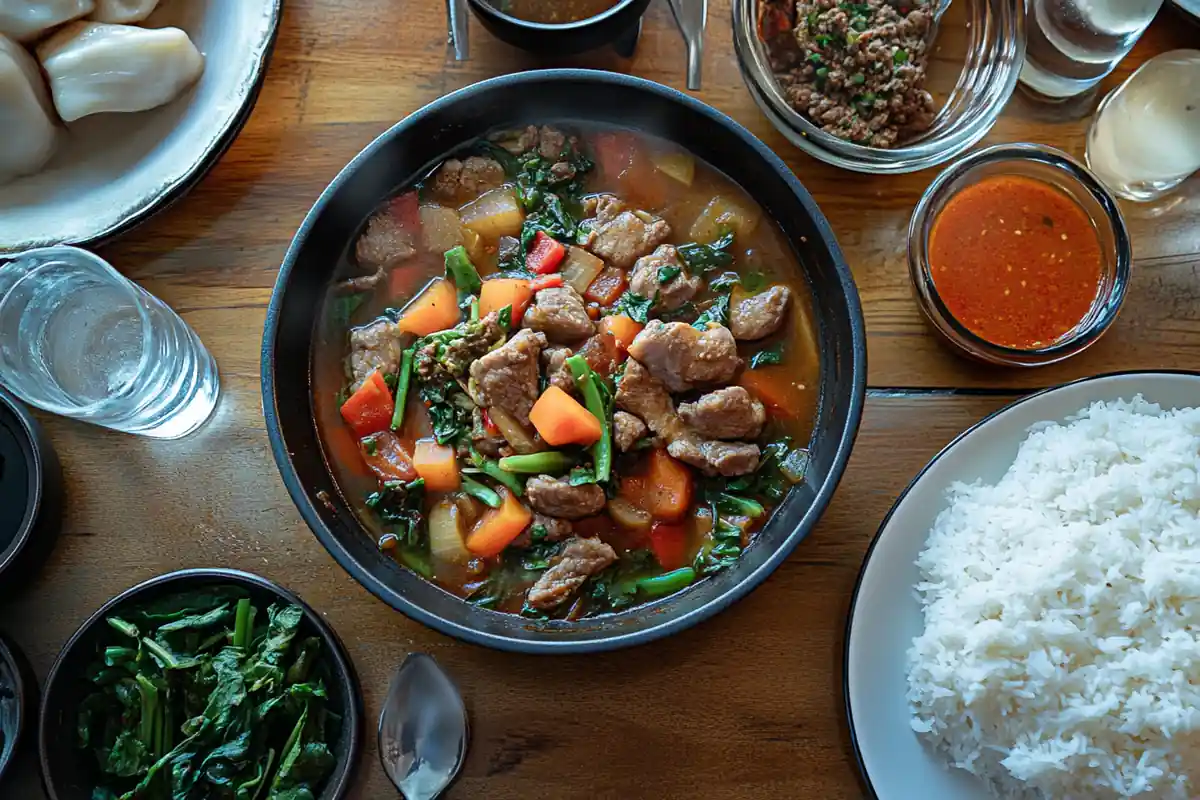A pot of vibrant Filipino sinigang soup, featuring pork chunks, potatoes, carrots, green beans, and leafy greens in a flavorful tamarind broth.