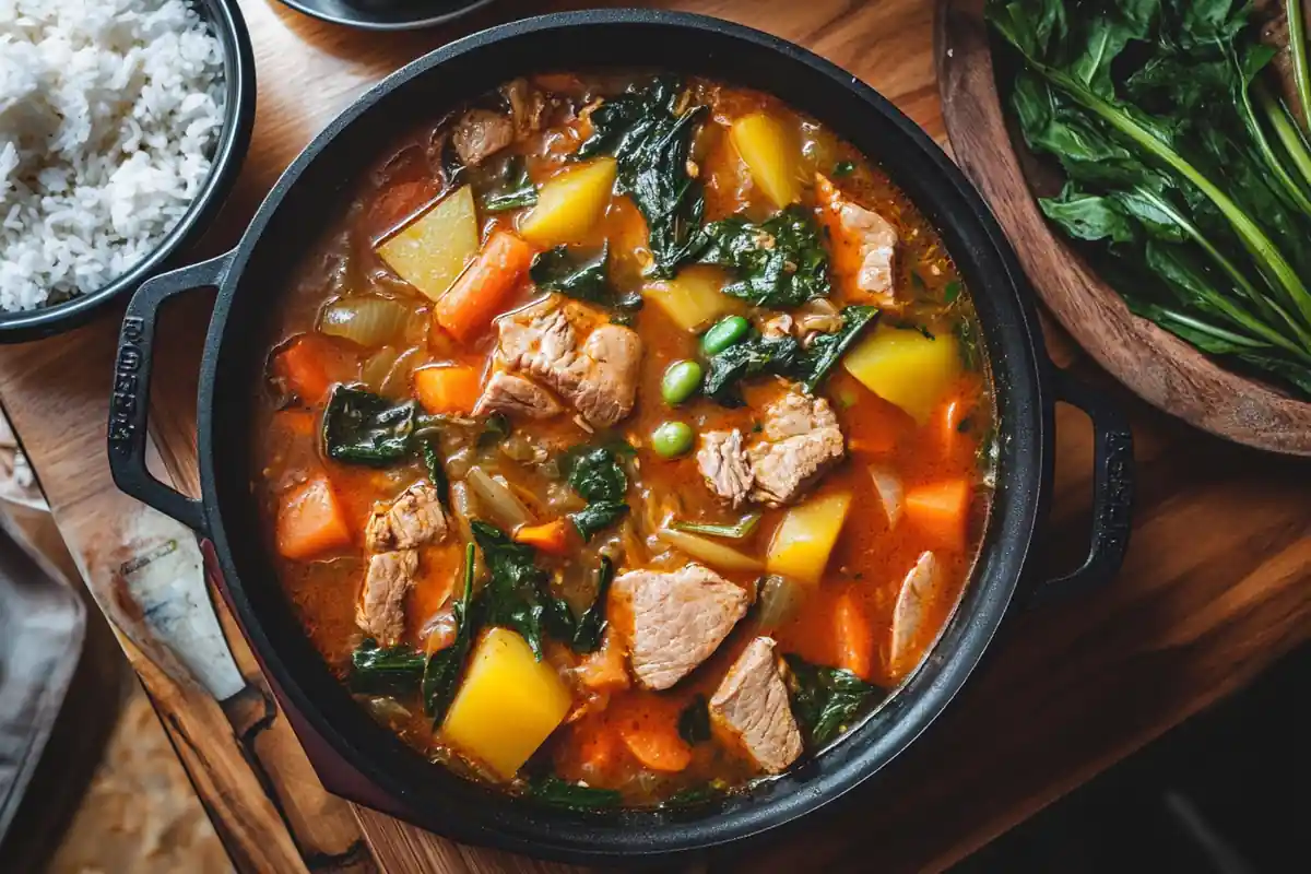 A pot of vibrant Filipino sinigang soup, featuring pork chunks, potatoes, carrots, green beans, and leafy greens in a flavorful tamarind broth.
