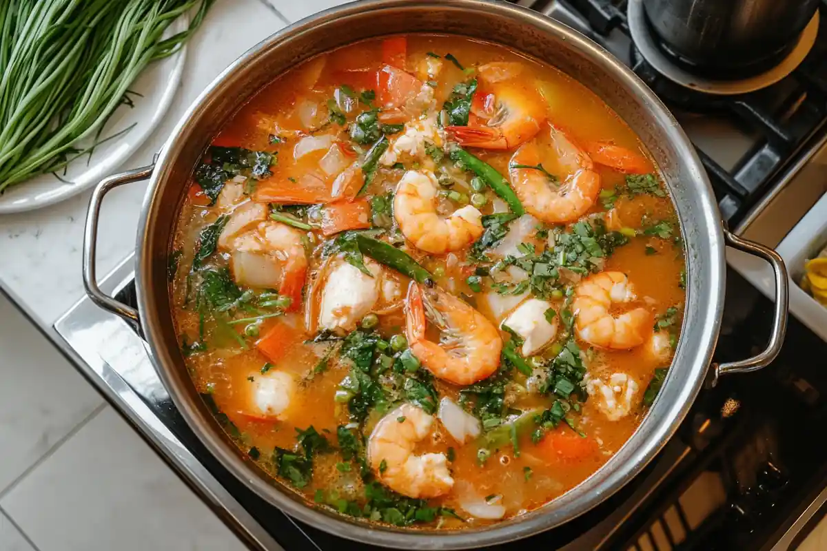 A pot of vibrant Filipino sinigang soup, featuring pork chunks, potatoes, carrots, green beans, and leafy greens in a flavorful tamarind broth.