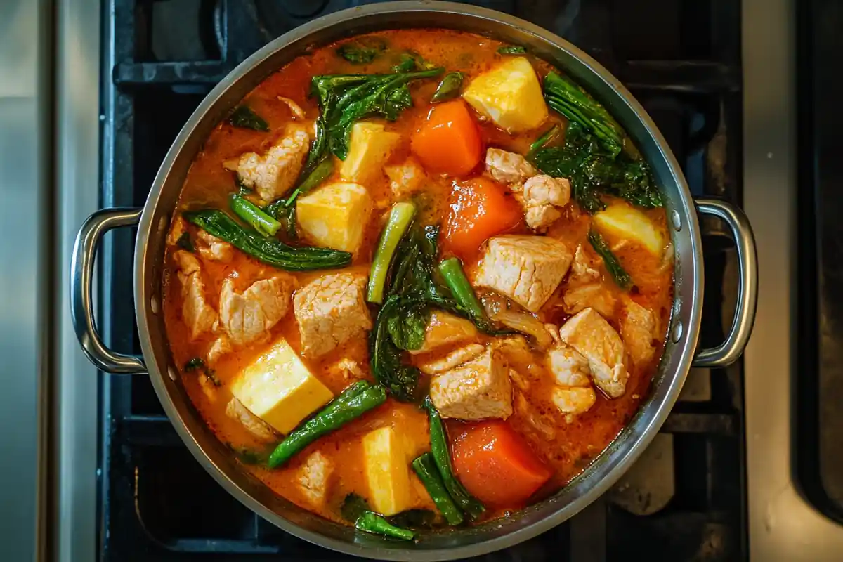 A pot of vibrant Filipino sinigang soup, featuring pork chunks, potatoes, carrots, green beans, and leafy greens in a flavorful tamarind broth.