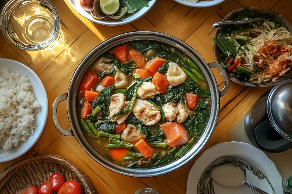 A bowl of sinigang filled with pork, leafy greens, tomatoes, radish, and a flavorful broth on a wooden countertop.