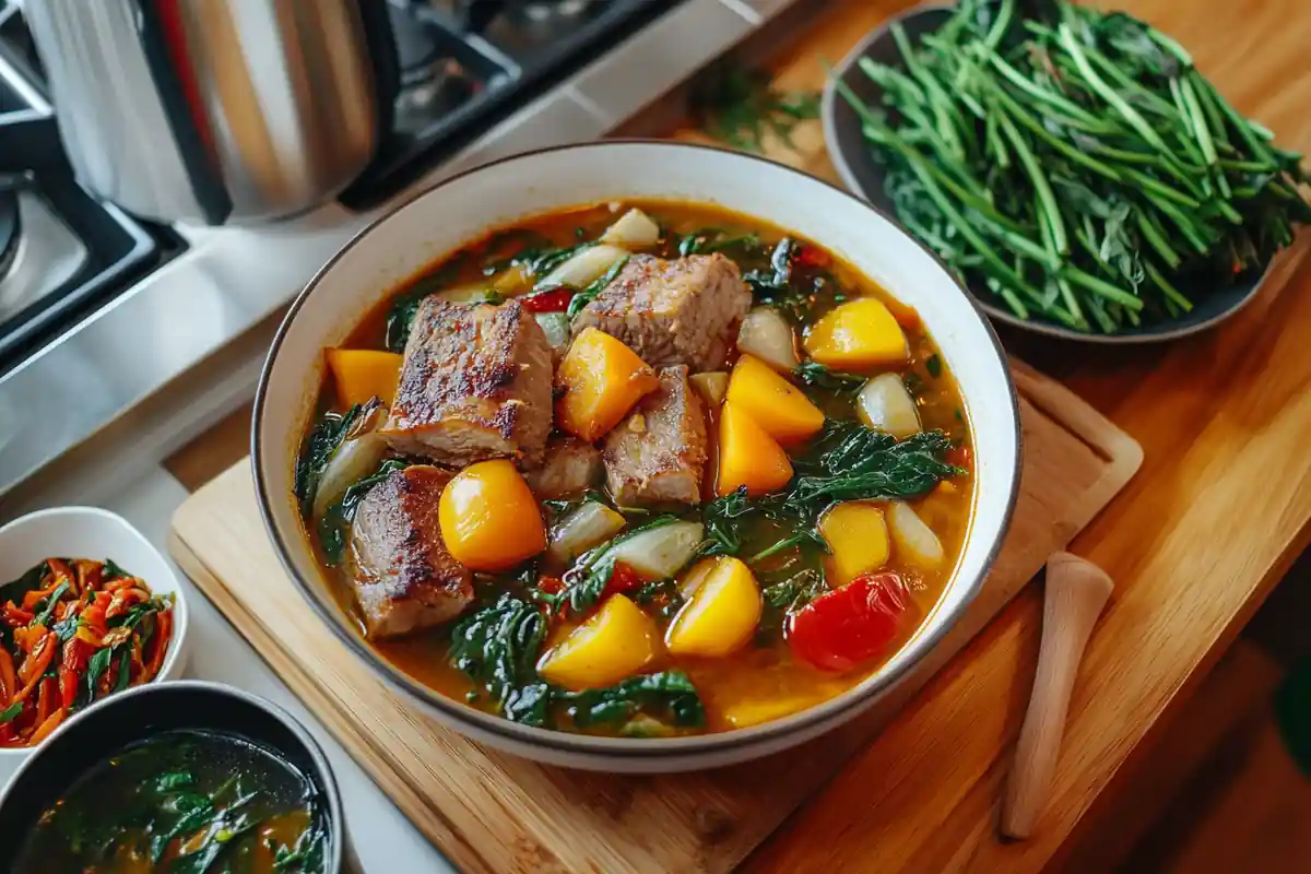 A bowl of sinigang filled with pork, leafy greens, tomatoes, radish, and a flavorful broth on a wooden countertop