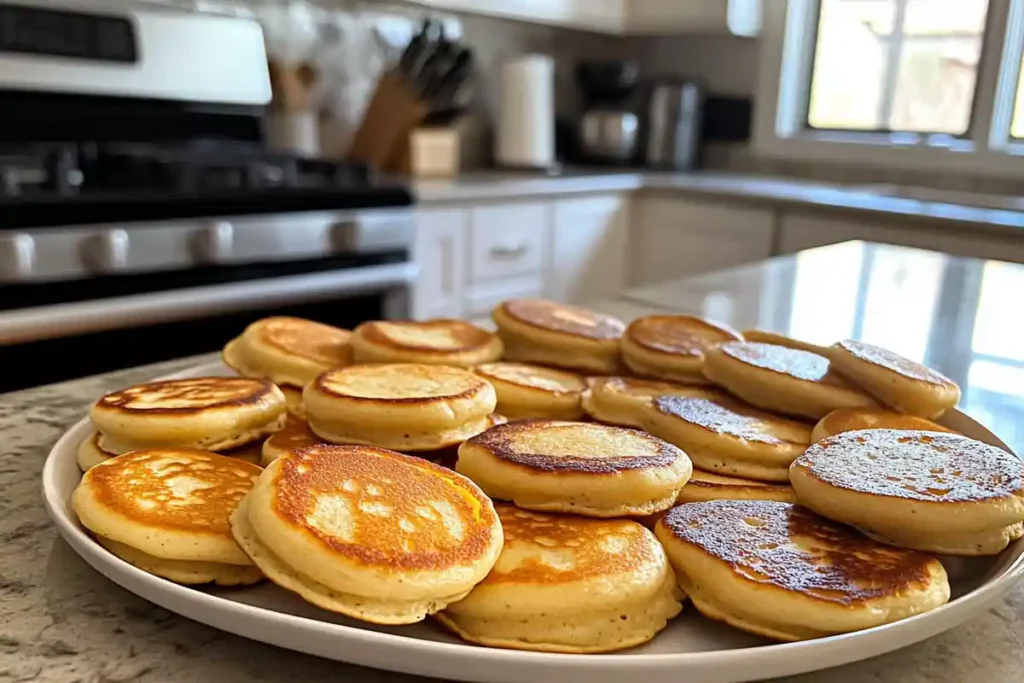 Plate of golden, fluffy pancakes on a kitchen counter with a modern kitchen background