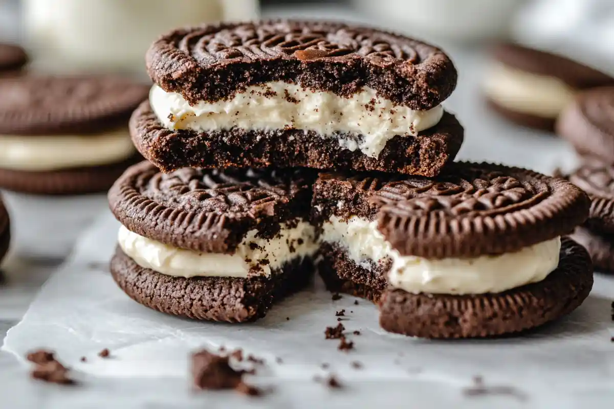 u6185574297 A close up of Double Stuf Oreos with one cookie s 97b15624 d877 455d a345 9ff65e8cd9f8 1 www.noryrecipes.com