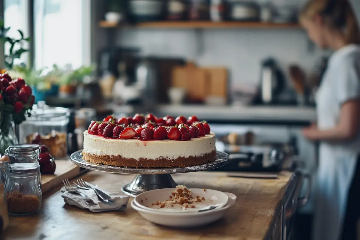 u6185574297 A cozy kitchen scene with strawberry cheesecake b 6e98e2bb bf8a 4998 bf4a bc07fb3fc454 1 www.noryrecipes.com