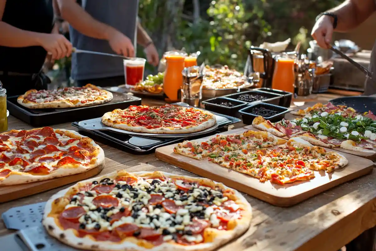 A close-up of sliced Margherita pizza with fresh basil leaves, tomatoes, melted mozzarella, and herbs on a wooden serving board