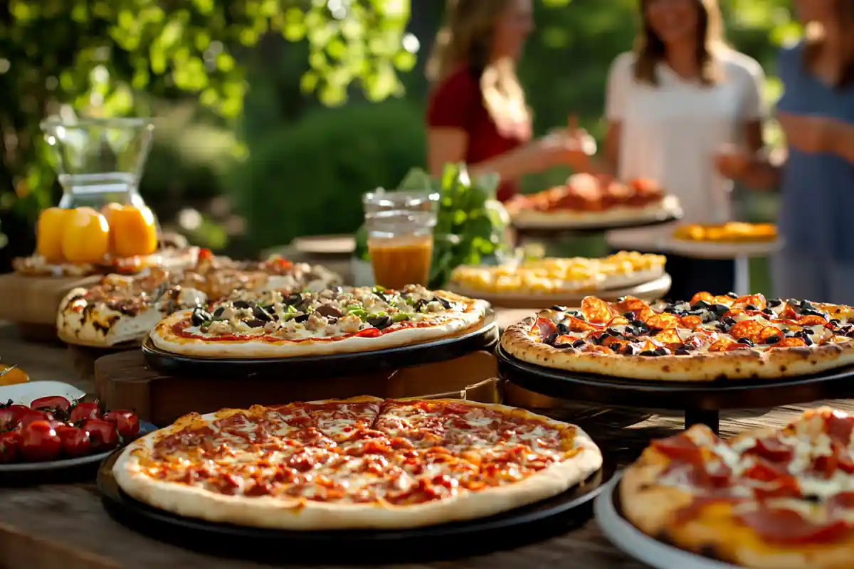 A close-up of sliced Margherita pizza with fresh basil leaves, tomatoes, melted mozzarella, and herbs on a wooden serving board