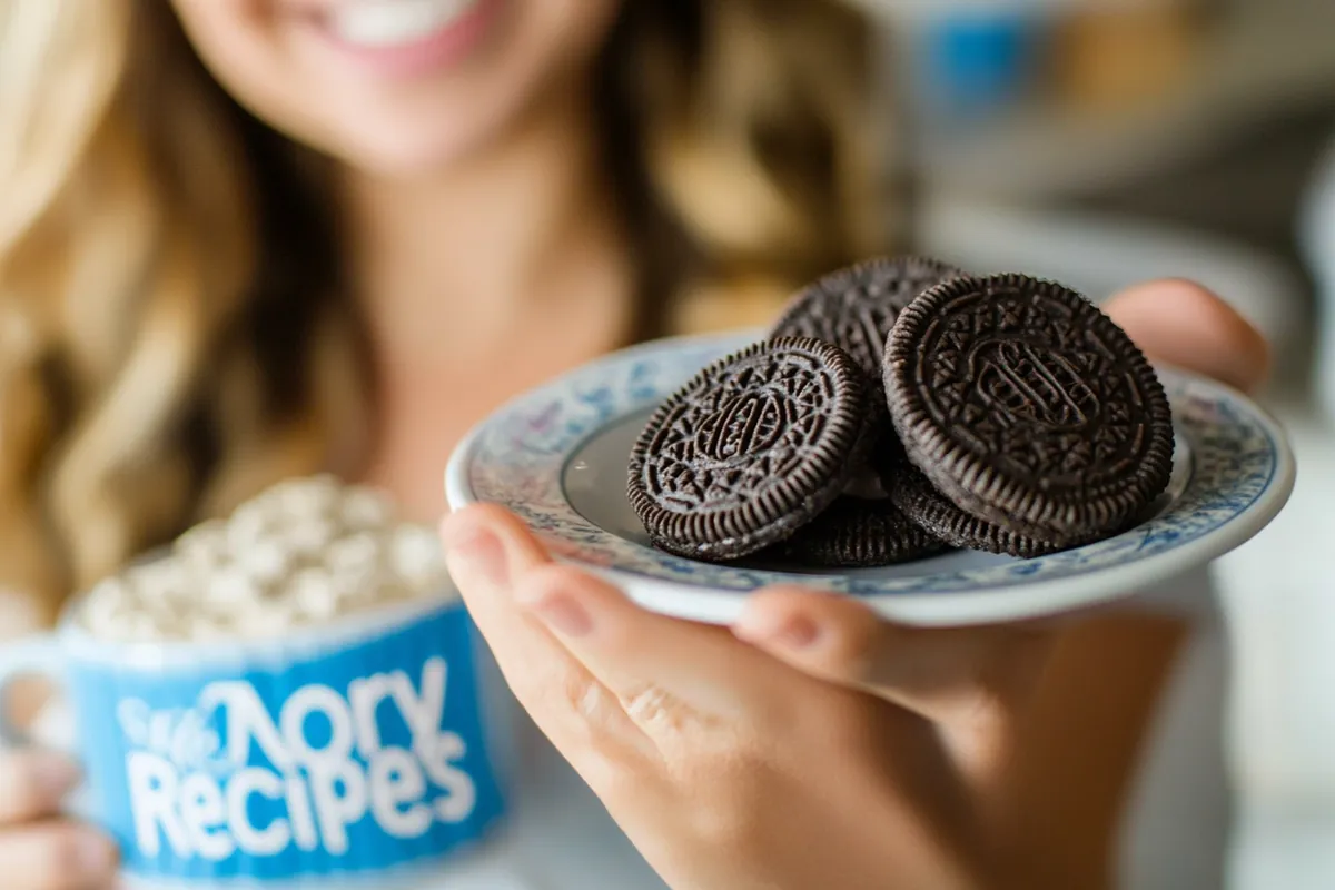 Close-up of gluten-free Oreos on a rustic burlap cloth with a jar of milk in the background