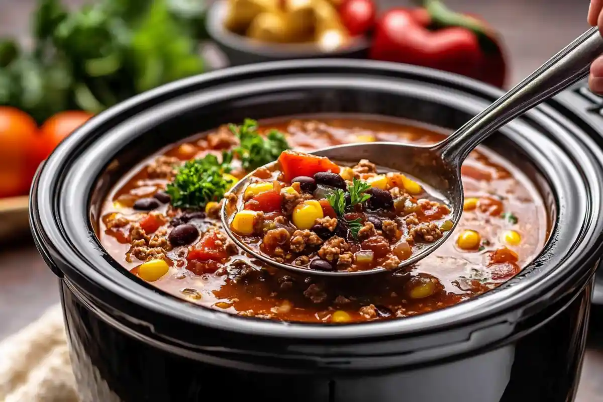 A steaming bowl of taco soup topped with shredded cheese, sour cream, and cilantro, surrounded by tortilla chips.