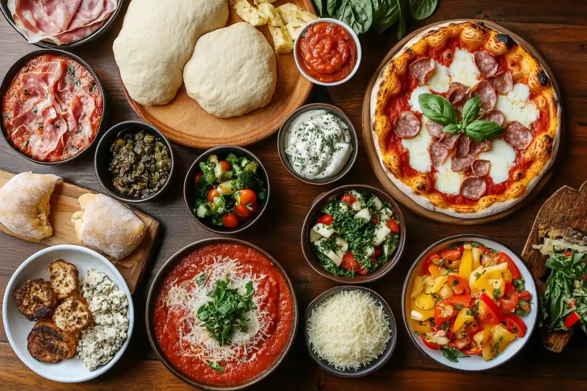A close-up of sliced Margherita pizza with fresh basil leaves, tomatoes, melted mozzarella, and herbs on a wooden serving board