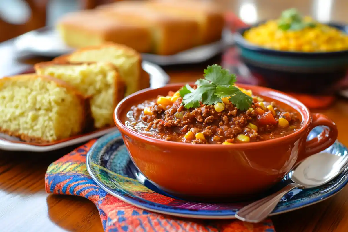 A steaming bowl of taco soup topped with shredded cheese, sour cream, and cilantro, surrounded by tortilla chips.