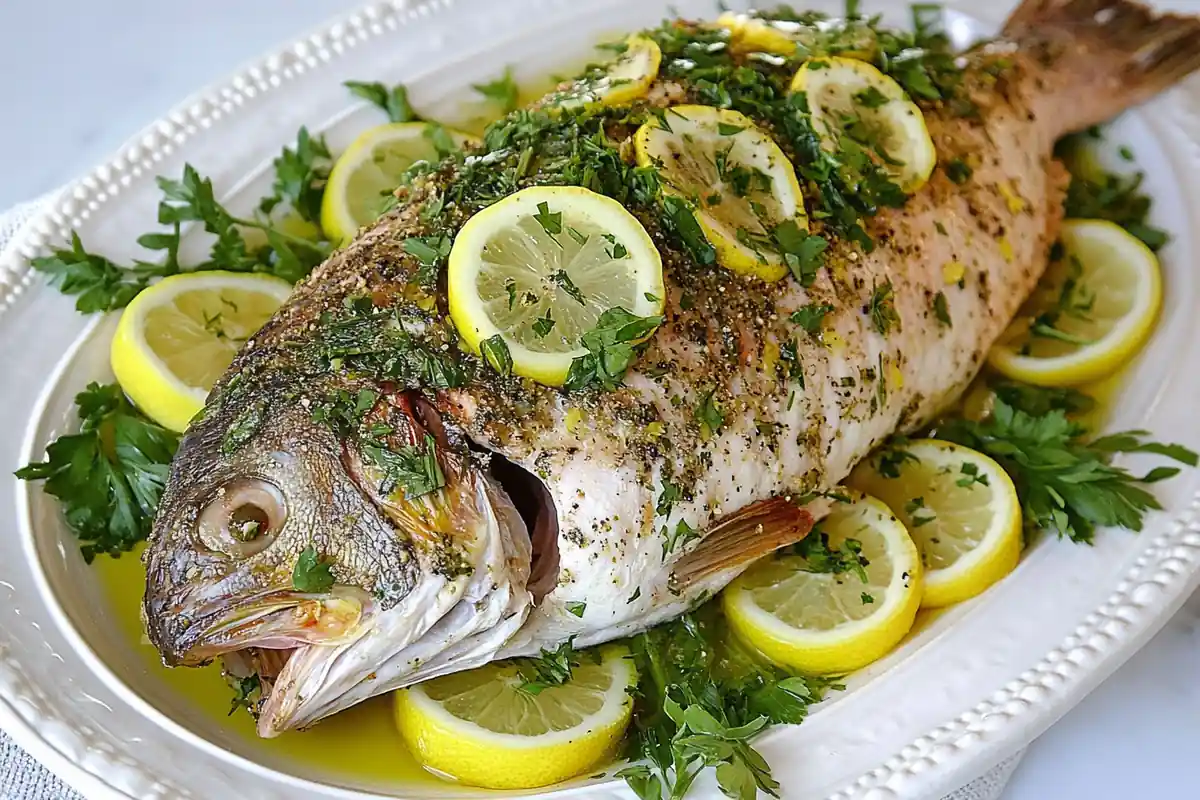 u6185574297 A whole roasted branzino on a platter garnished w 9d539add 1027 4be2 9500 35f2881822a4 3 www.noryrecipes.com