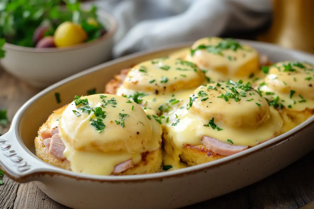 Eggs Benedict Breakfast Casserole topped with hollandaise sauce and garnished with fresh parsley in a ceramic dish on a rustic wooden table.