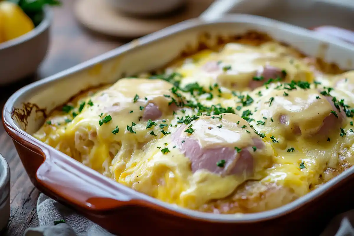 Eggs Benedict Breakfast Casserole topped with hollandaise sauce and garnished with fresh parsley in a ceramic dish on a rustic wooden table