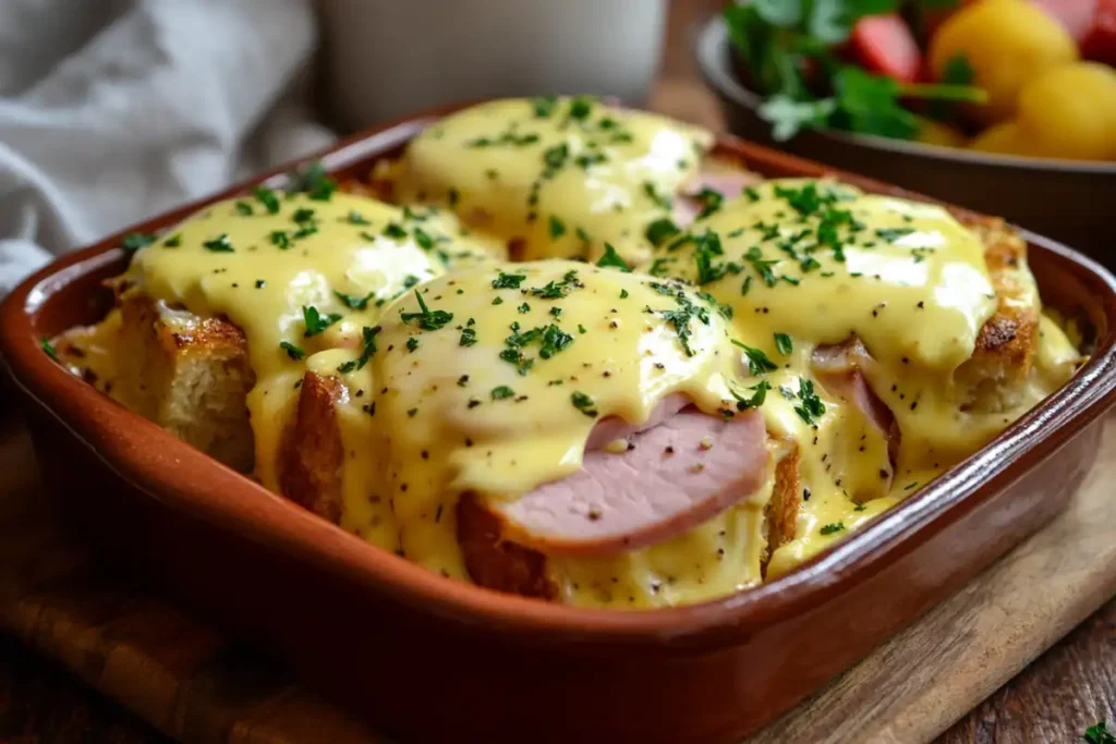 Eggs Benedict Breakfast Casserole topped with hollandaise sauce and garnished with fresh parsley in a ceramic dish on a rustic wooden table.