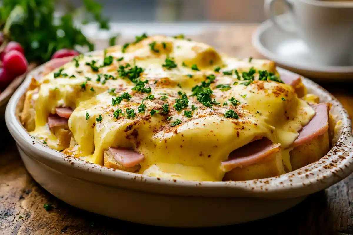 Eggs Benedict Breakfast Casserole topped with hollandaise sauce and garnished with fresh parsley in a ceramic dish on a rustic wooden table.