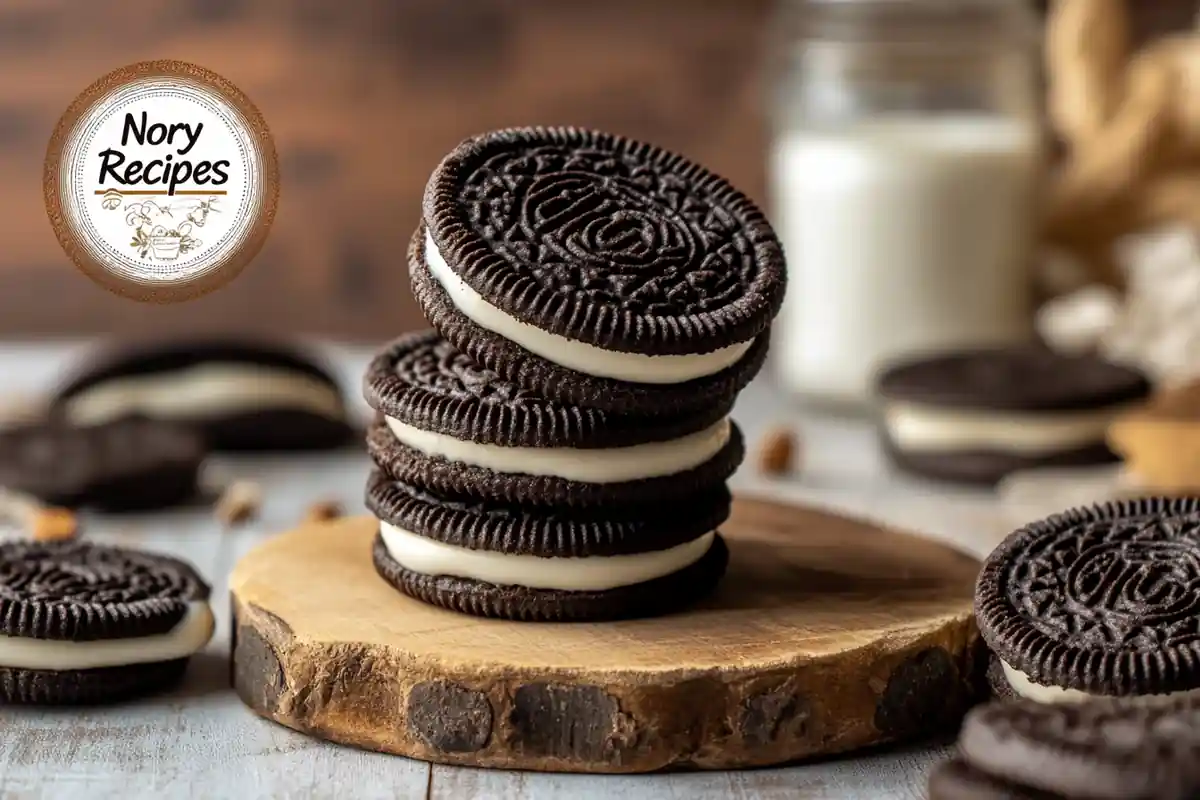 Close-up of gluten-free Oreos on a rustic burlap cloth with a jar of milk in the background