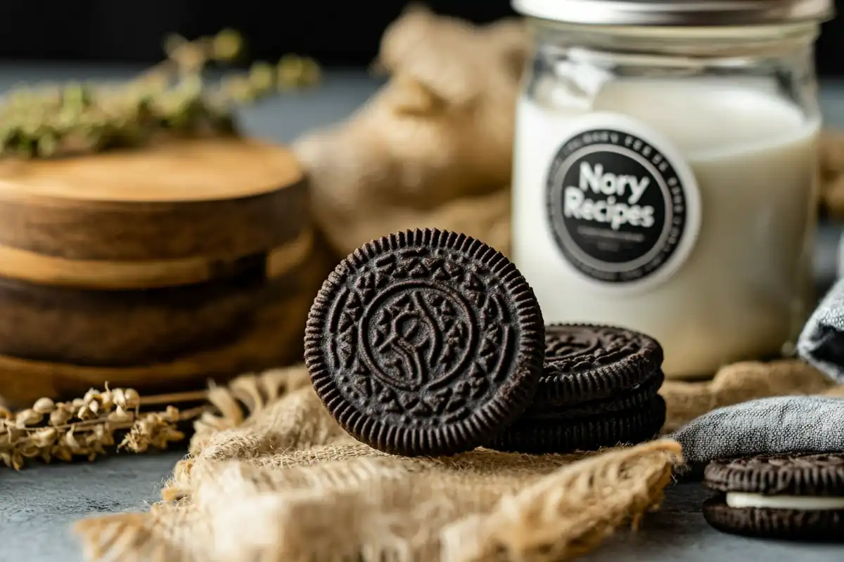 Close-up of gluten-free Oreos on a rustic burlap cloth with a jar of milk in the background