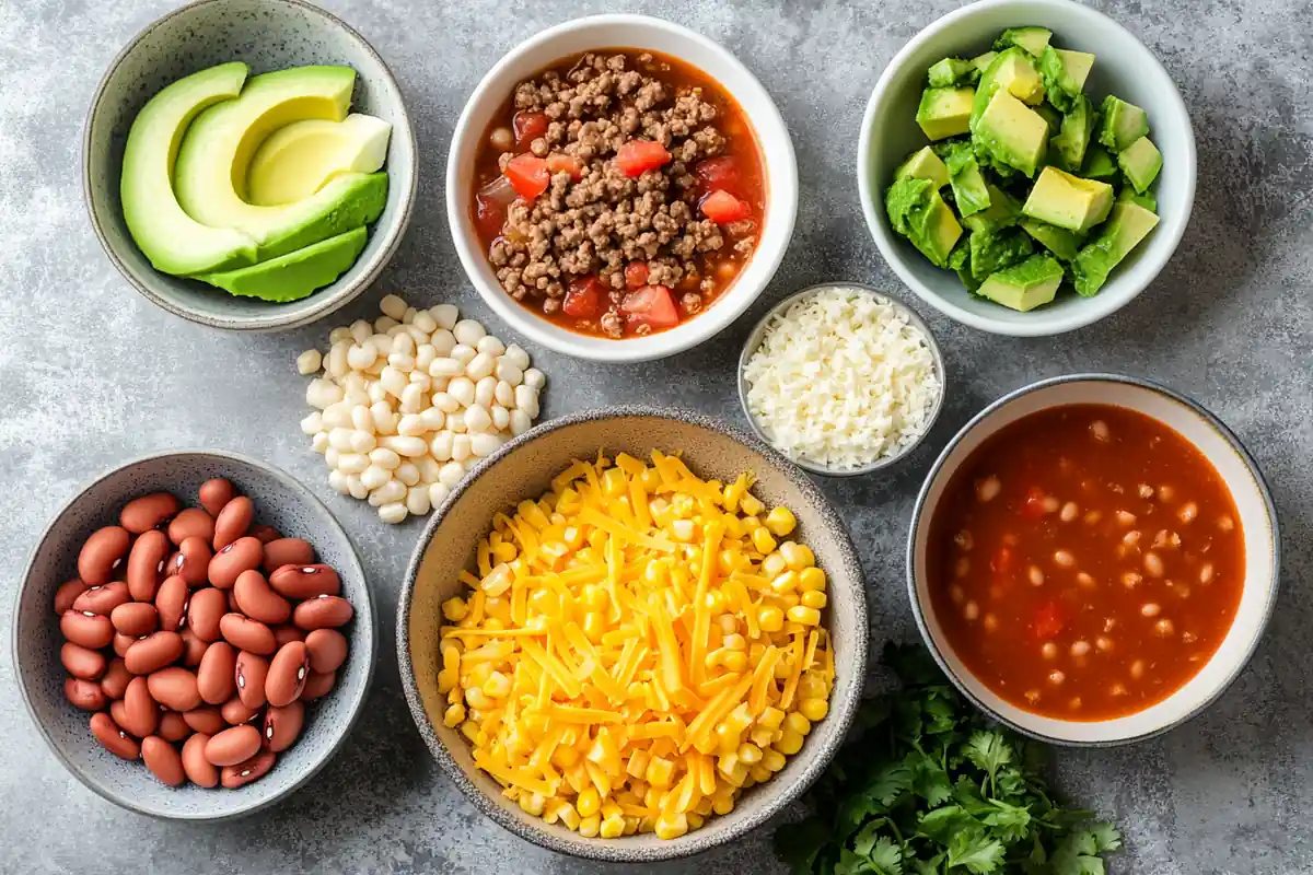 A steaming bowl of taco soup topped with shredded cheese, sour cream, and cilantro, surrounded by tortilla chips.