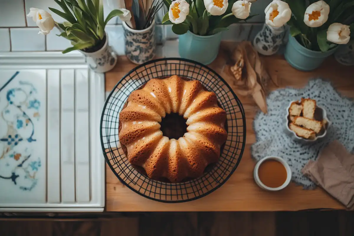 Bundt cake topped with decorative cream cheese frosting swirls, placed on a wire rack with a floral backdrop.