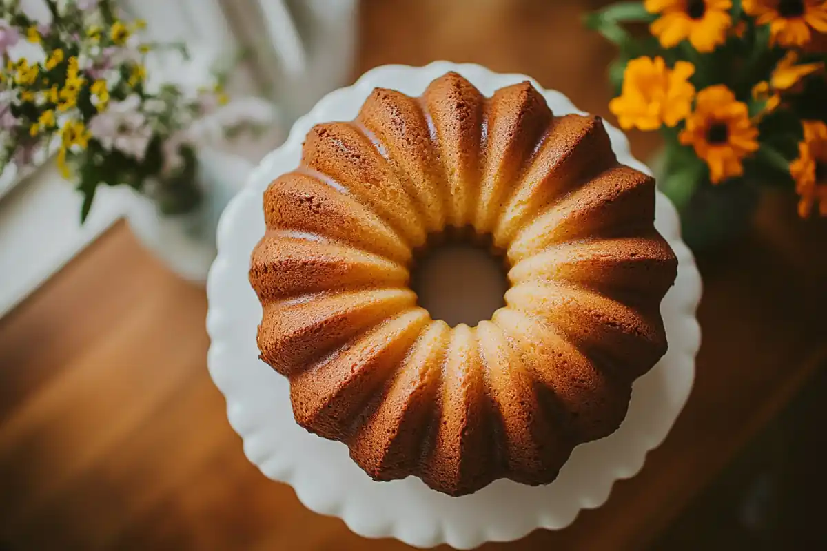 Bundt cake topped with decorative cream cheese frosting swirls, placed on a wire rack with a floral backdrop.