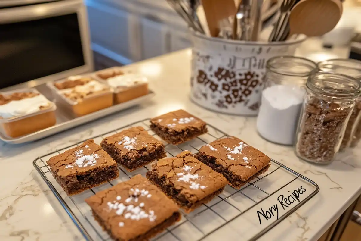  A close-up of a freshly baked brookie, showcasing its gooey brownie layer and creamy cookie dough topping.